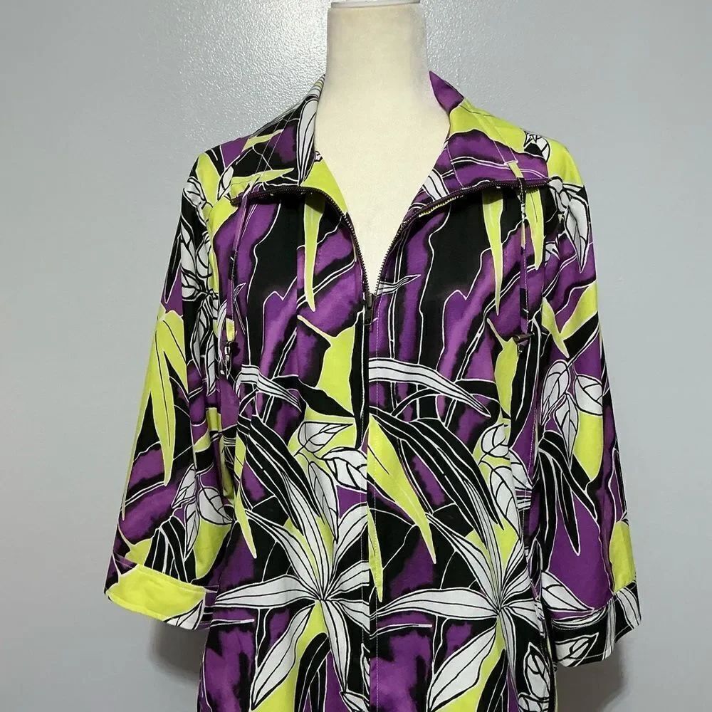 Additions by Chico's Womens Full Zip Jacket Neon Green Purple Leaf Print Sz 3(L)